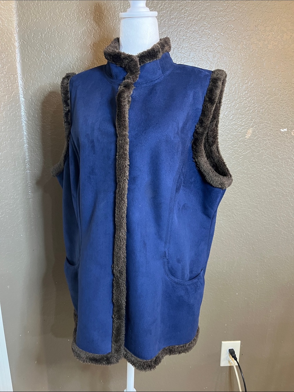 Men's Navy Faux-Shearling Vest with Brown Trim